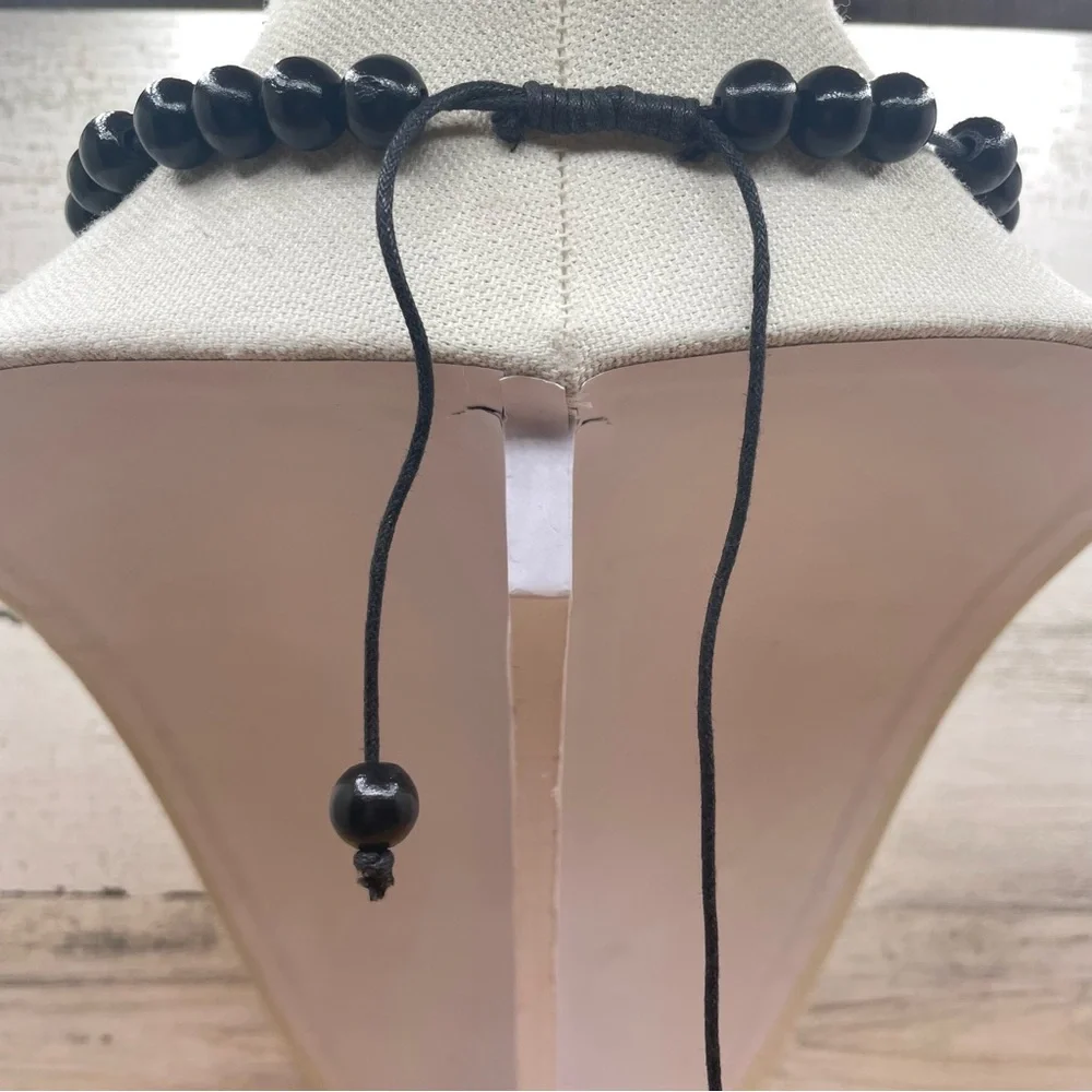 Bold Unsigned Wooden Large Pearl Beaded Mid Century Inspired Corded Necklace